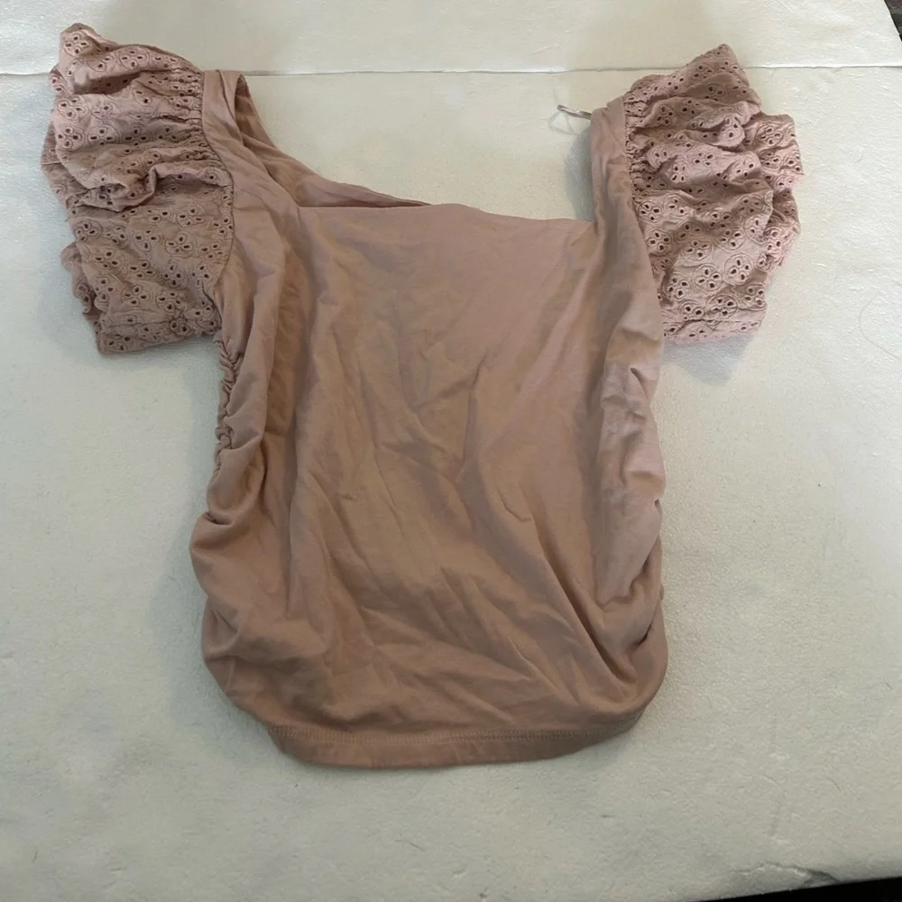 Express square neck eyelet puff sleeve tie back crop top peach light pink - Picture 6 of 12